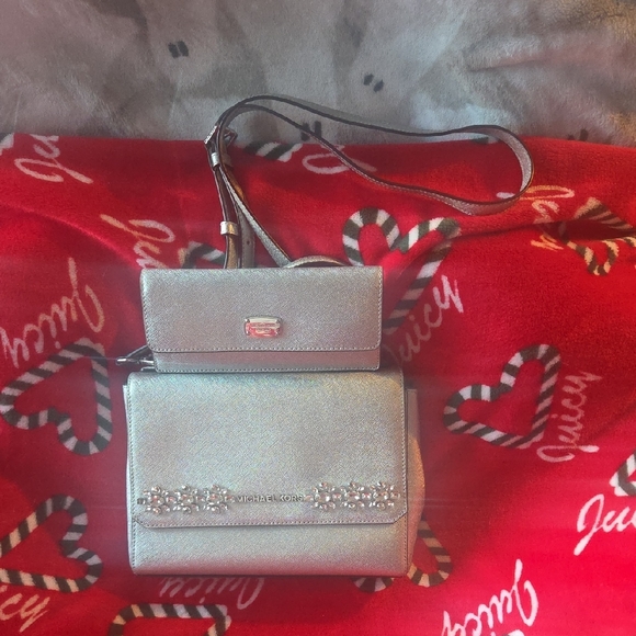 Michael Kors Metallic Silver Mini Crossbody with Crystal Trim - Picture 2 of 11